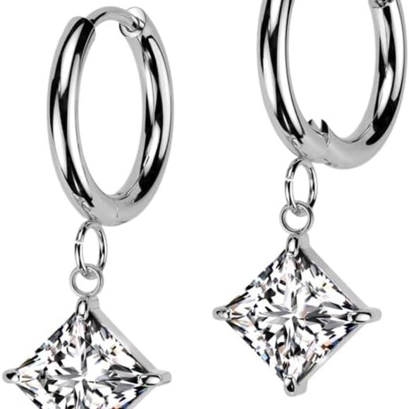 Stainless Steel CZ Diamond Shaped Dangling Huggie Hoop Earrings Pair - Picture 1 of 4